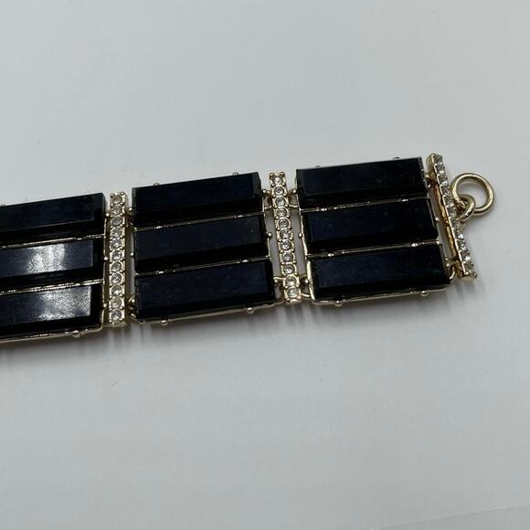 J. CREW Black Triple Row Lucite Rhinestone Brass Statement Bracelet - Picture 10 of 13